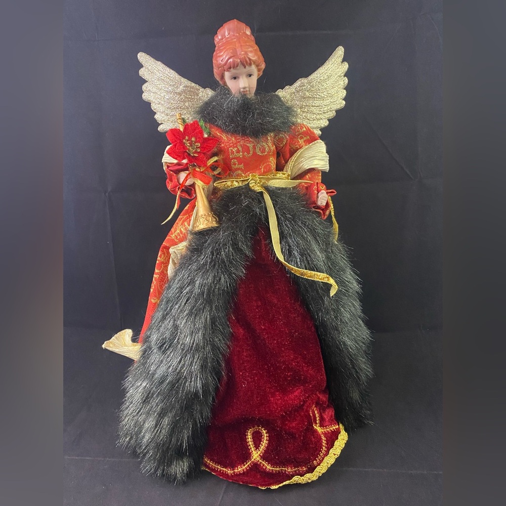 Victorian Angel Christmas Tree Topper 17" Red Gold Gown Faux Fur Trim Gold Wings